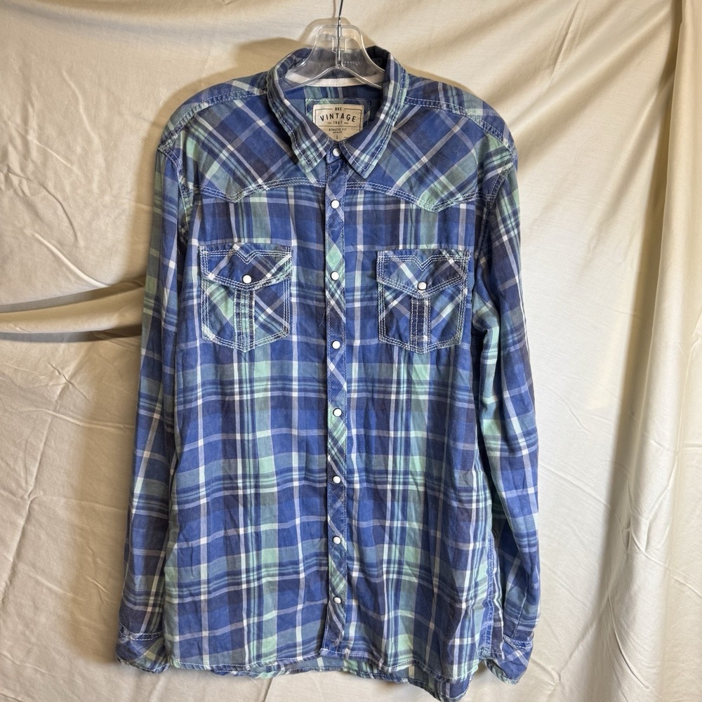 BKE Vintage Athletic Fit Western Plaid Snap Button Shirt L Blue